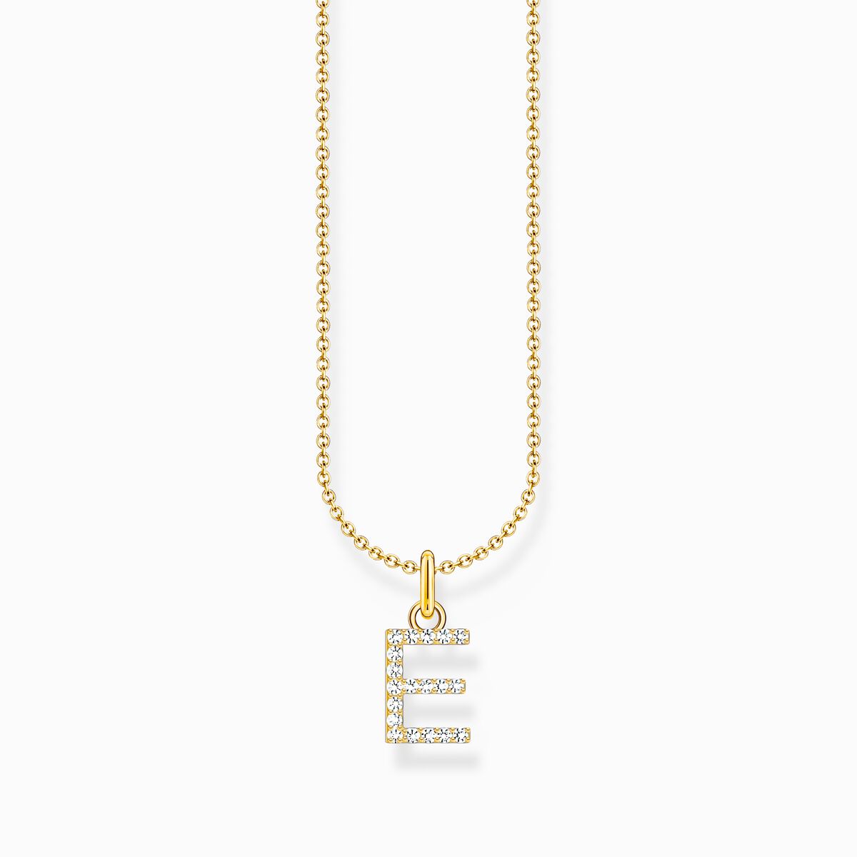 Gold-plated necklace with letter pendant E and white zirconia