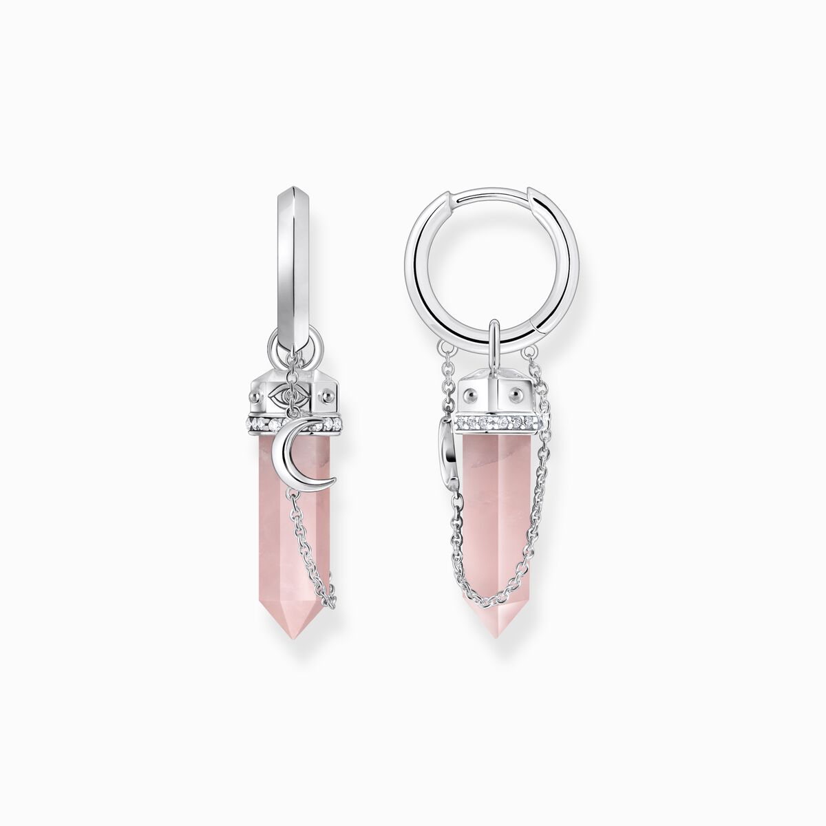 Silver hexagonal hoop earring with rose quartz