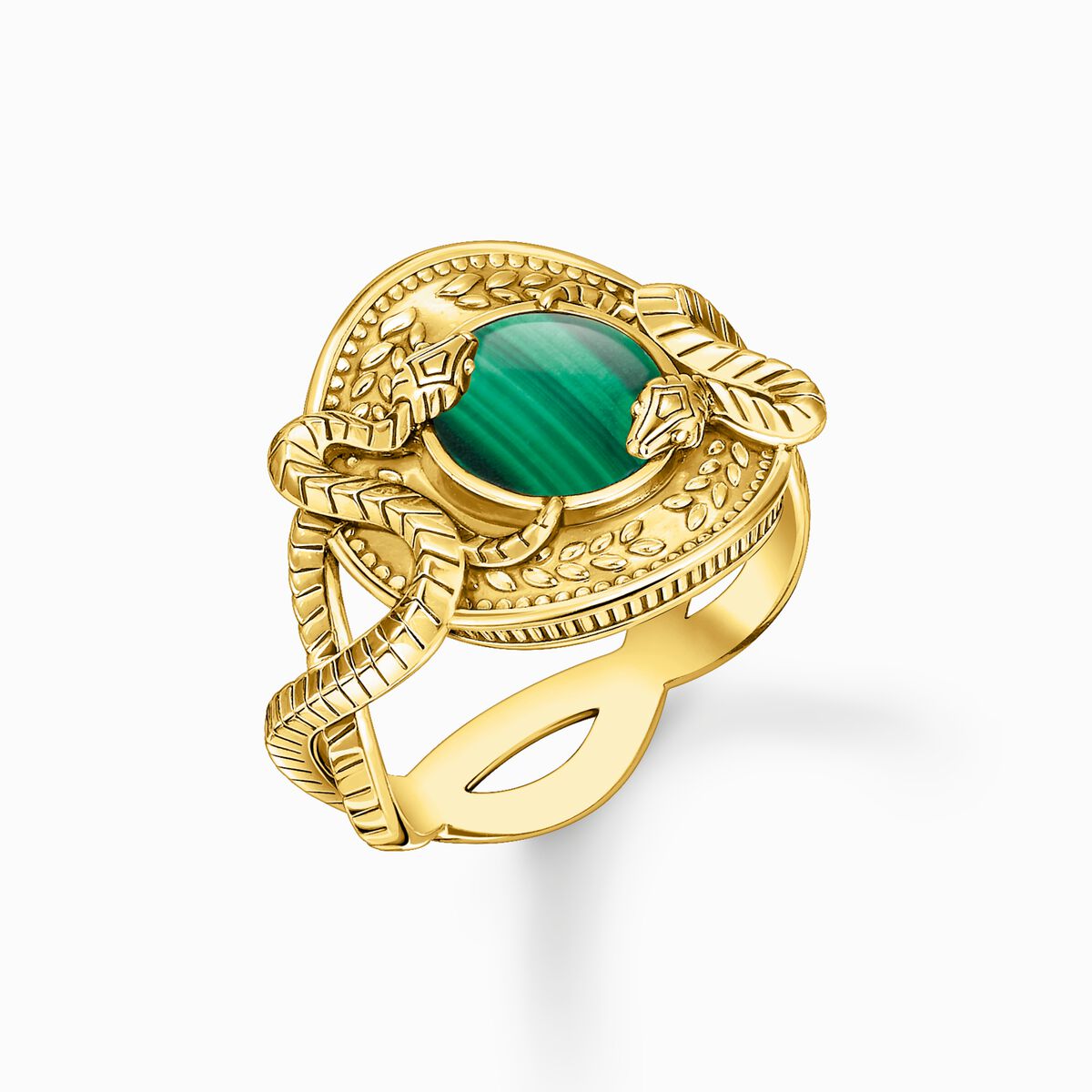 Ring snake with green malachite gold plated