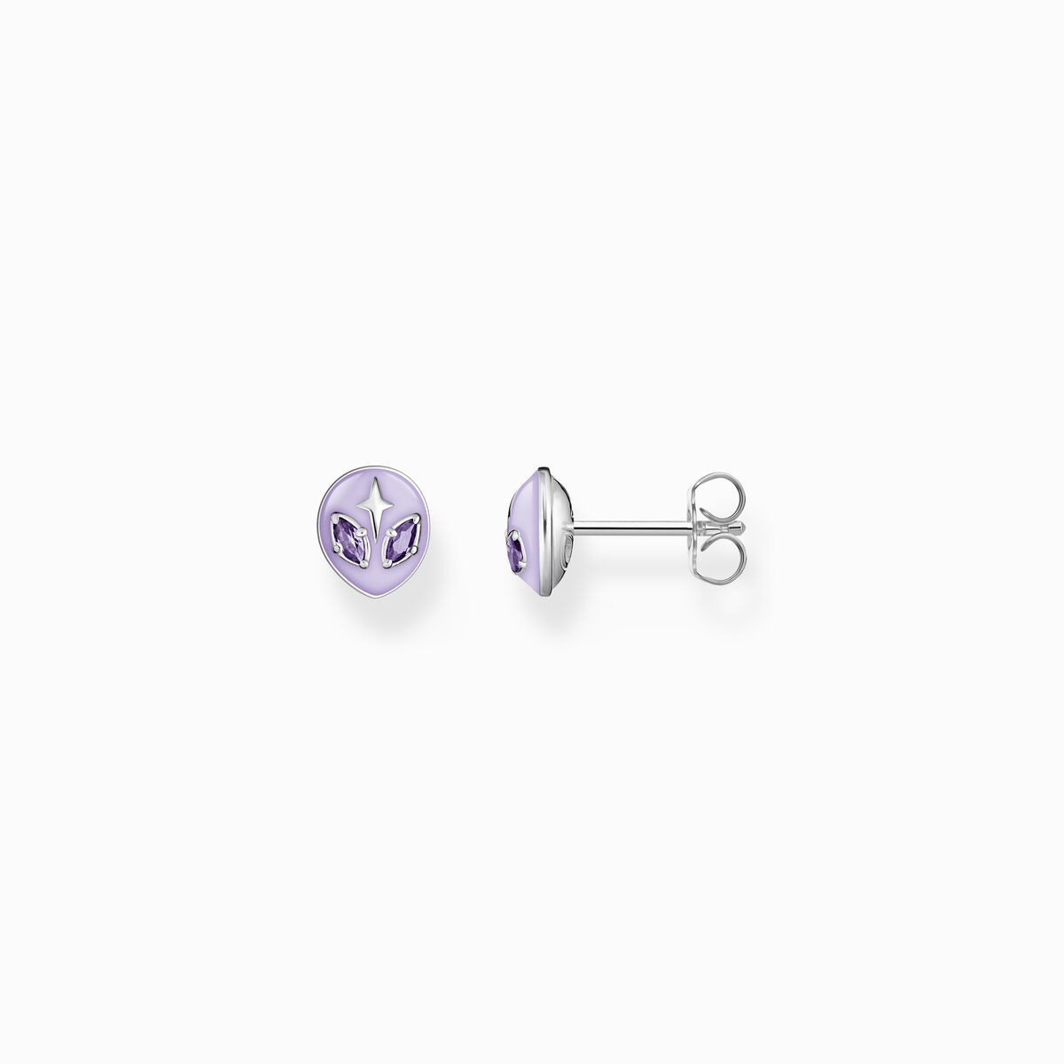 Ear studs with alien detailing and cold enamel silver