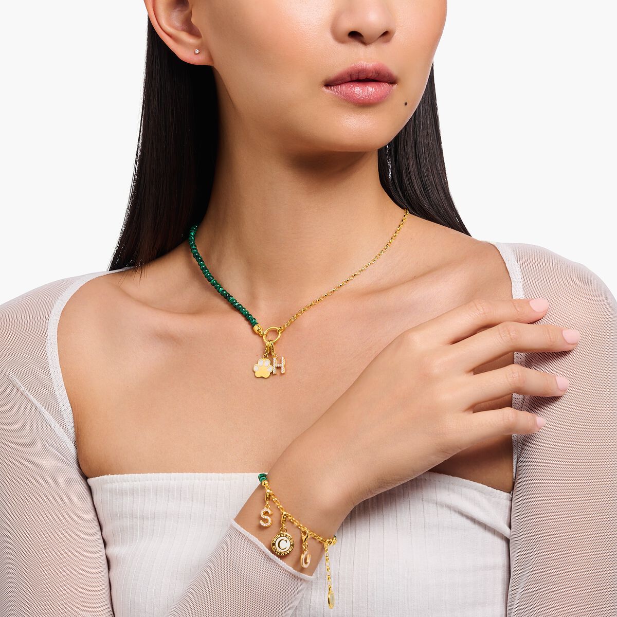 Charm necklace with green beads yellow-gold plated