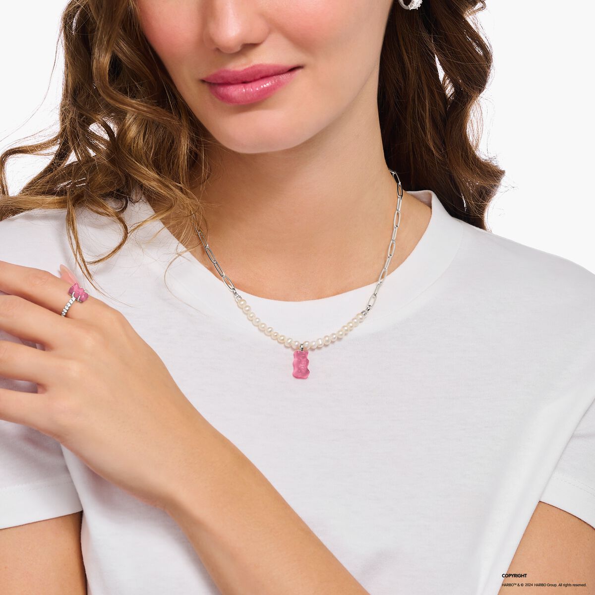 Silver link necklace with pink Goldbears & freshwater pearls
