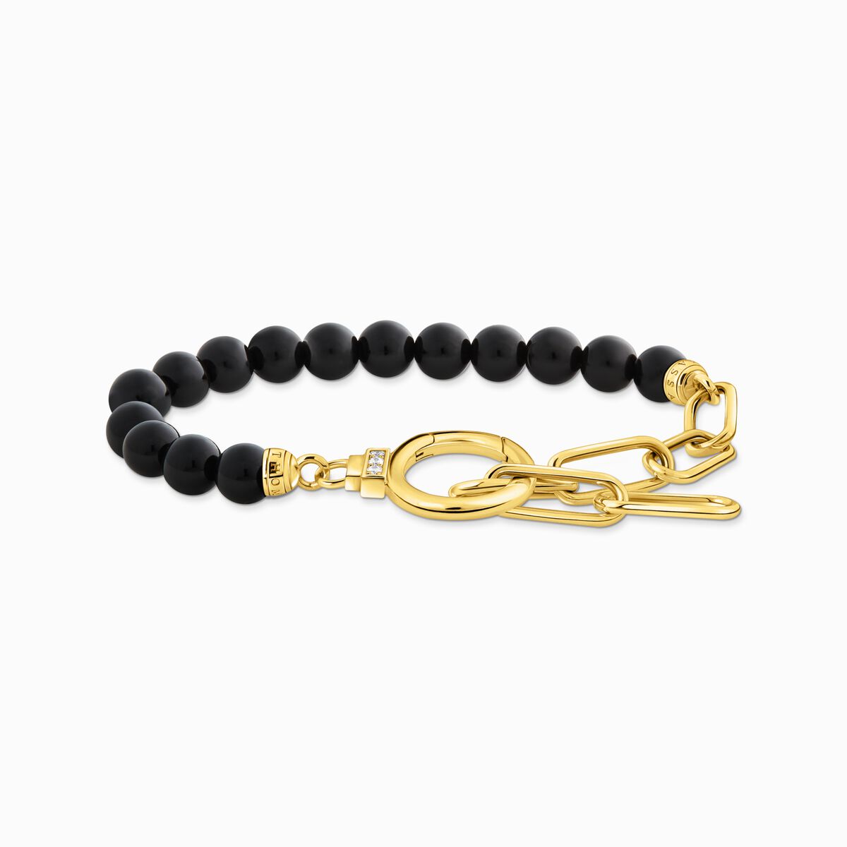 Yellow-gold plated bracelet with onyx beads and white zirconia