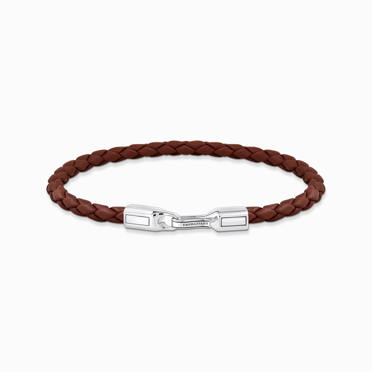 Silver bracelet with braided, brown leather