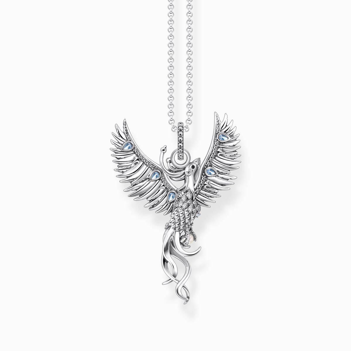 Silver necklace with Phoenix pendant and various colourful stones