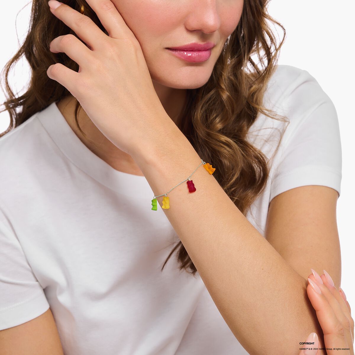 Silver bracelet with 5 colourful goldbears