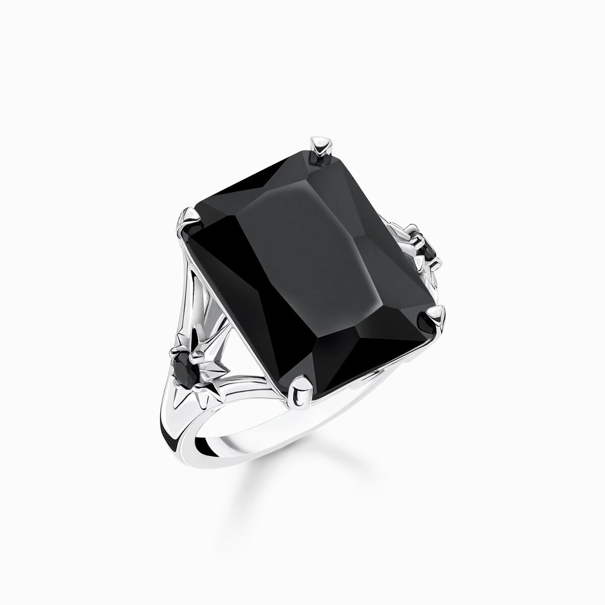 Ring with large black stone and stars silver