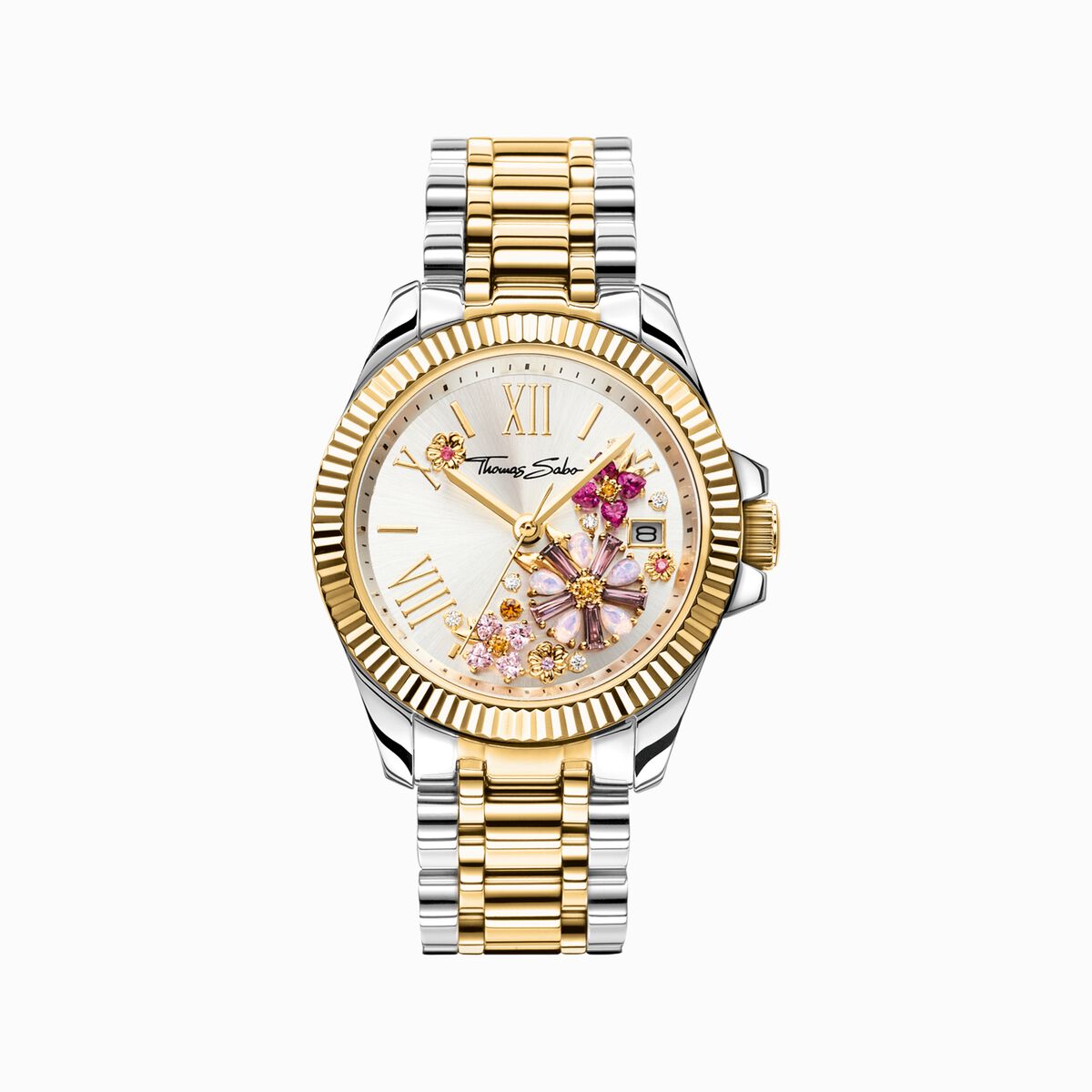 Women’s watch flowers from pink colored stones bicolour