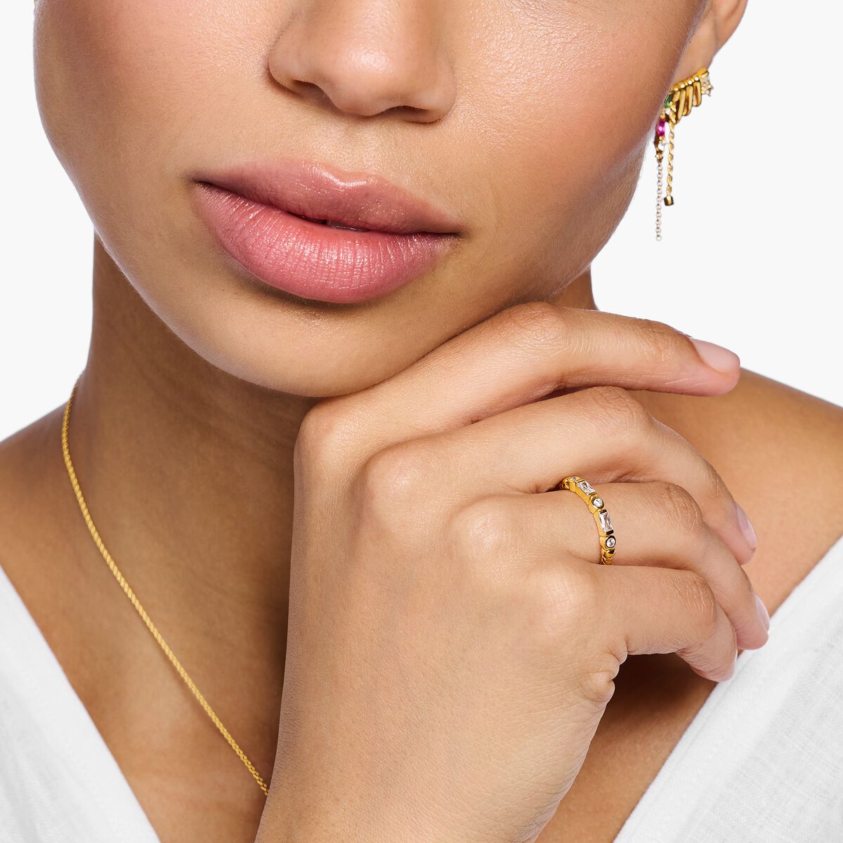Band ring rope with white stones gold plated