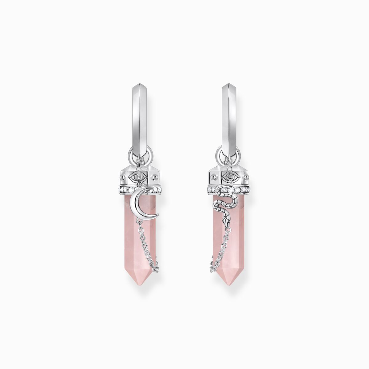 Silver hexagonal hoop earring with rose quartz