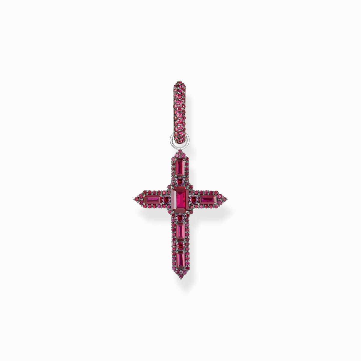 Silver blackened cross single hoop earring with ruby red stones