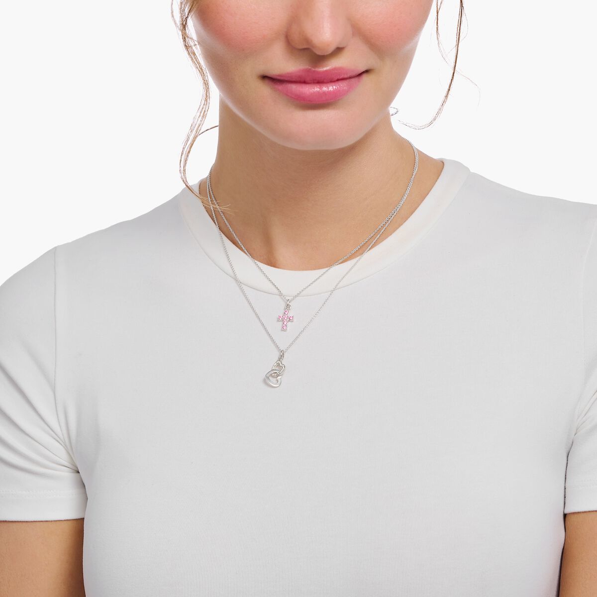 Silver necklcae with cross pendant with pink zirconia