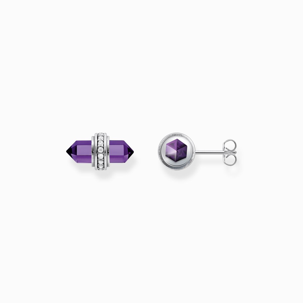 Silver ear studs with hexagonal imitation amethyst