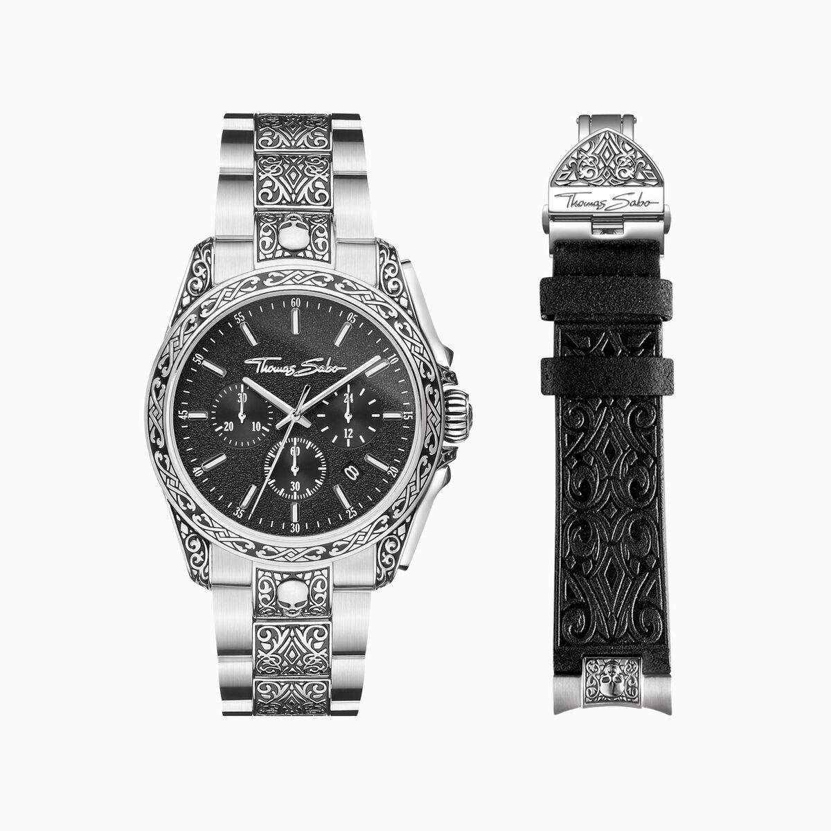 Men’s watch Rebel at Heart skull silver black