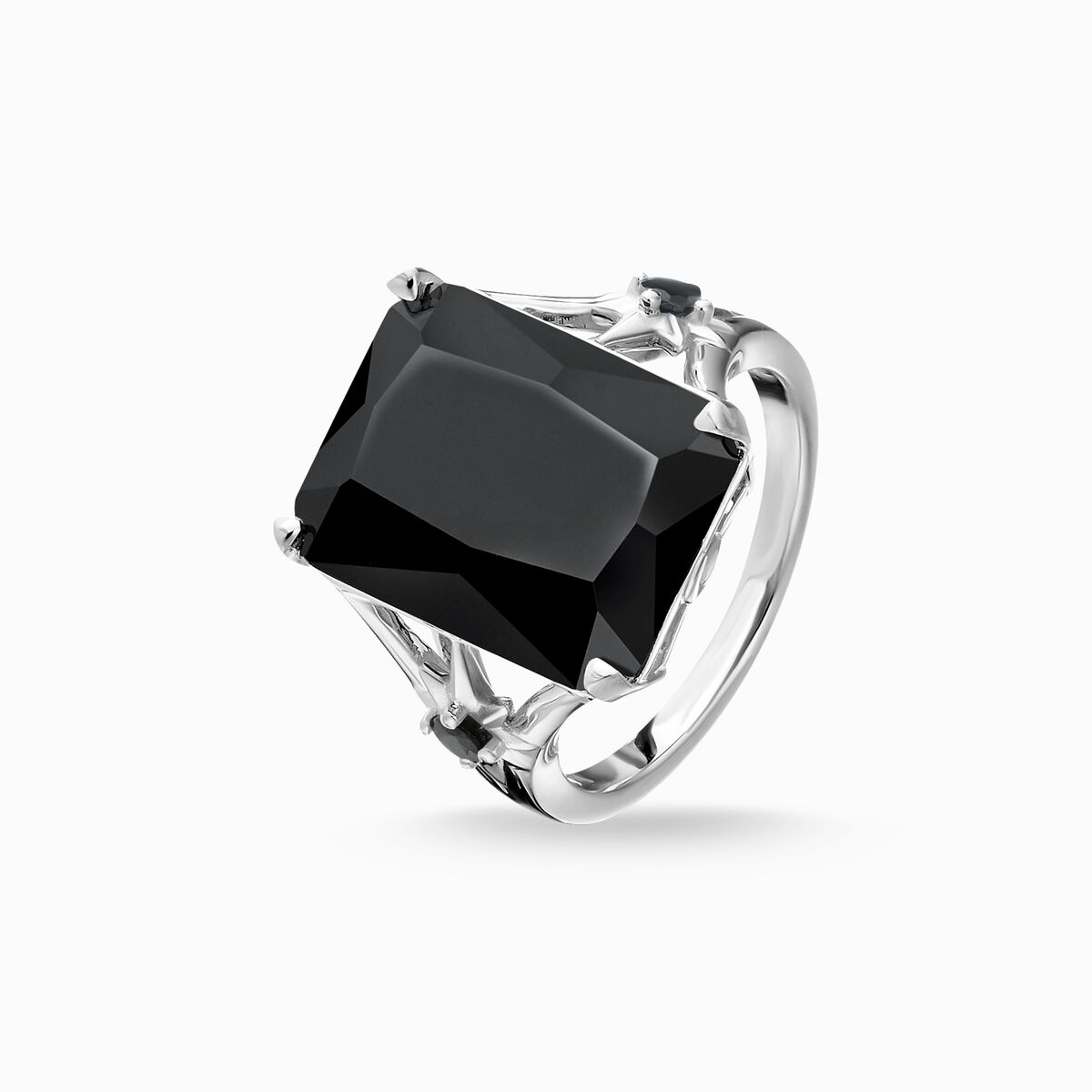 Ring with large black stone and stars silver