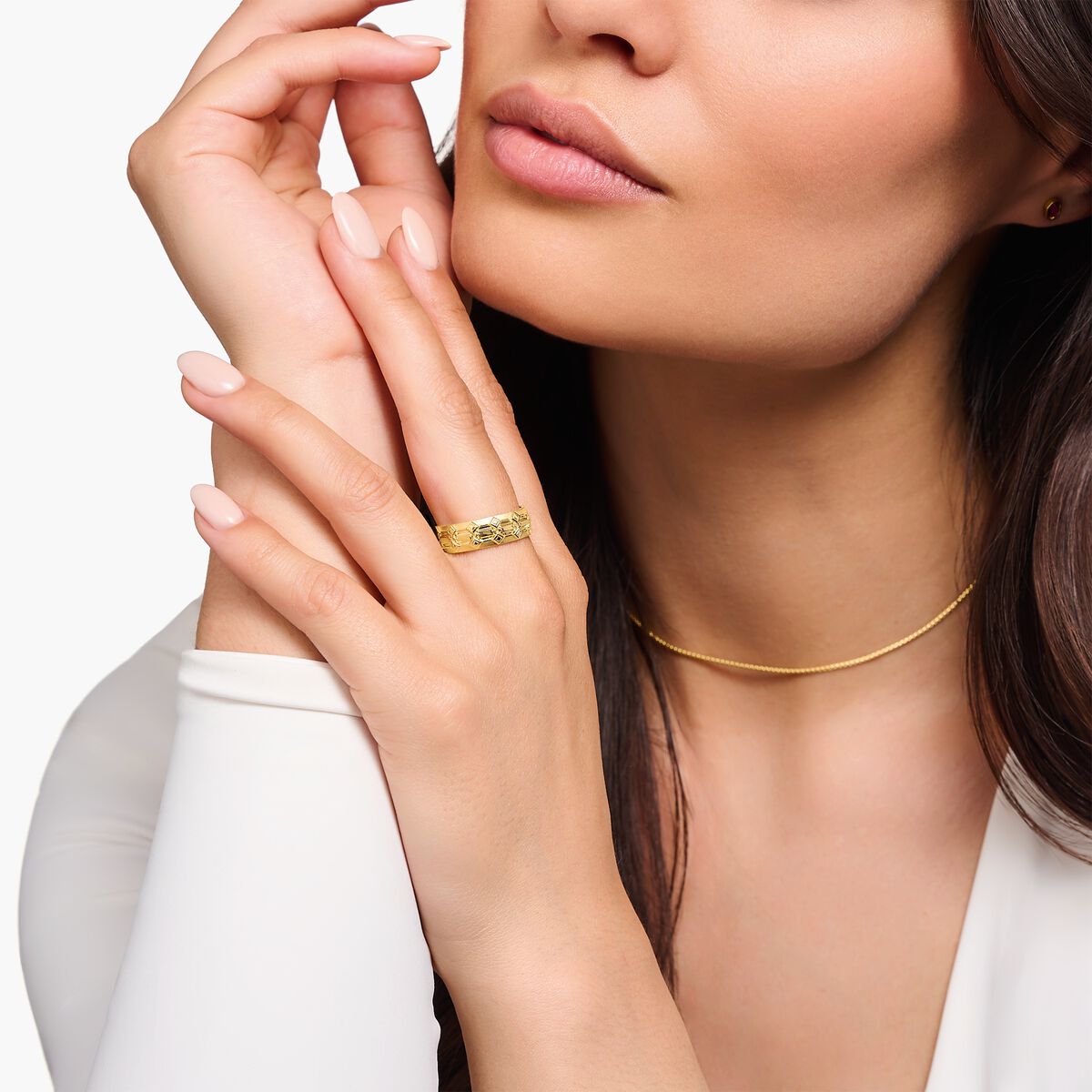 Wide yellow-gold plated band ring with crocodile detailing