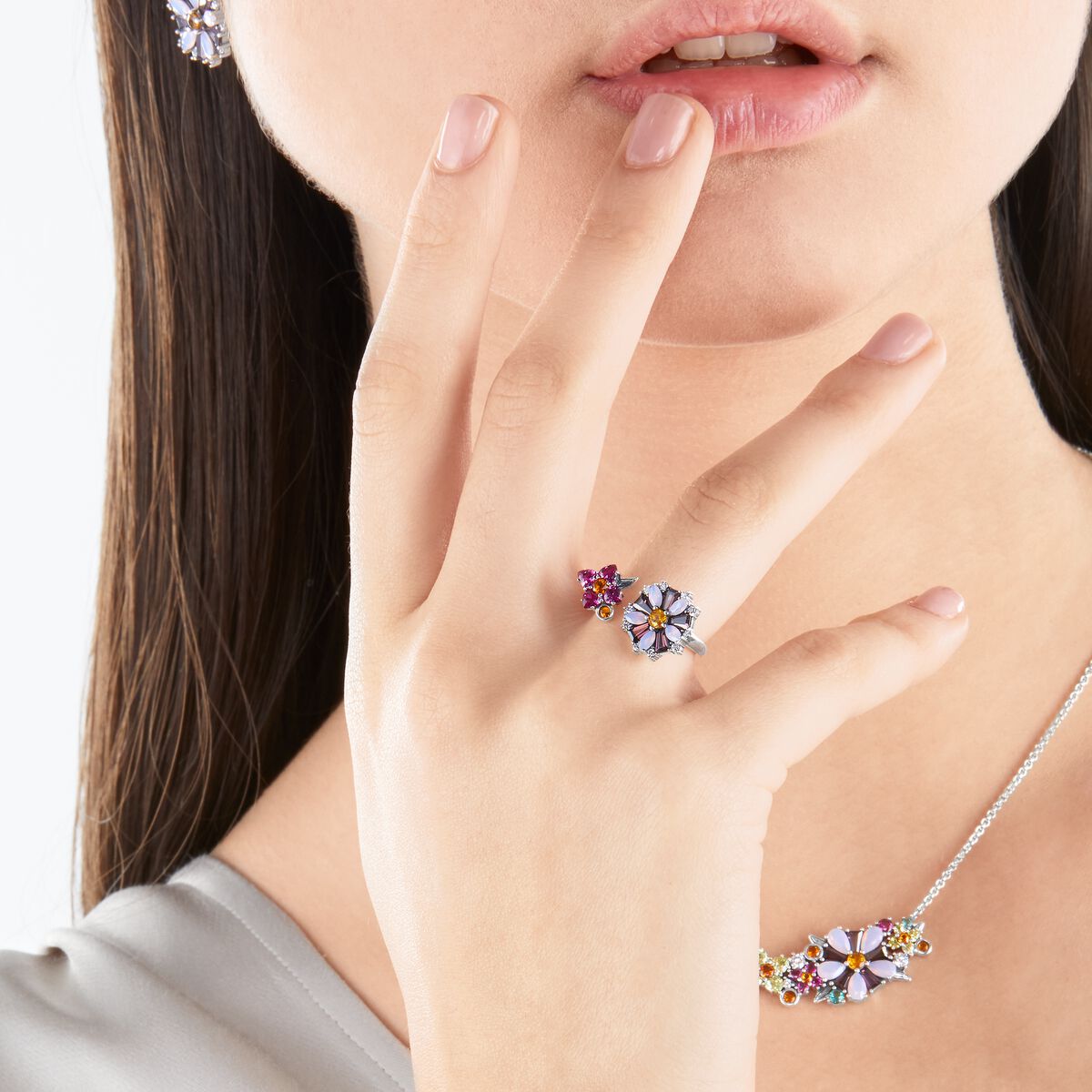 Ring flowers colourful stones silver