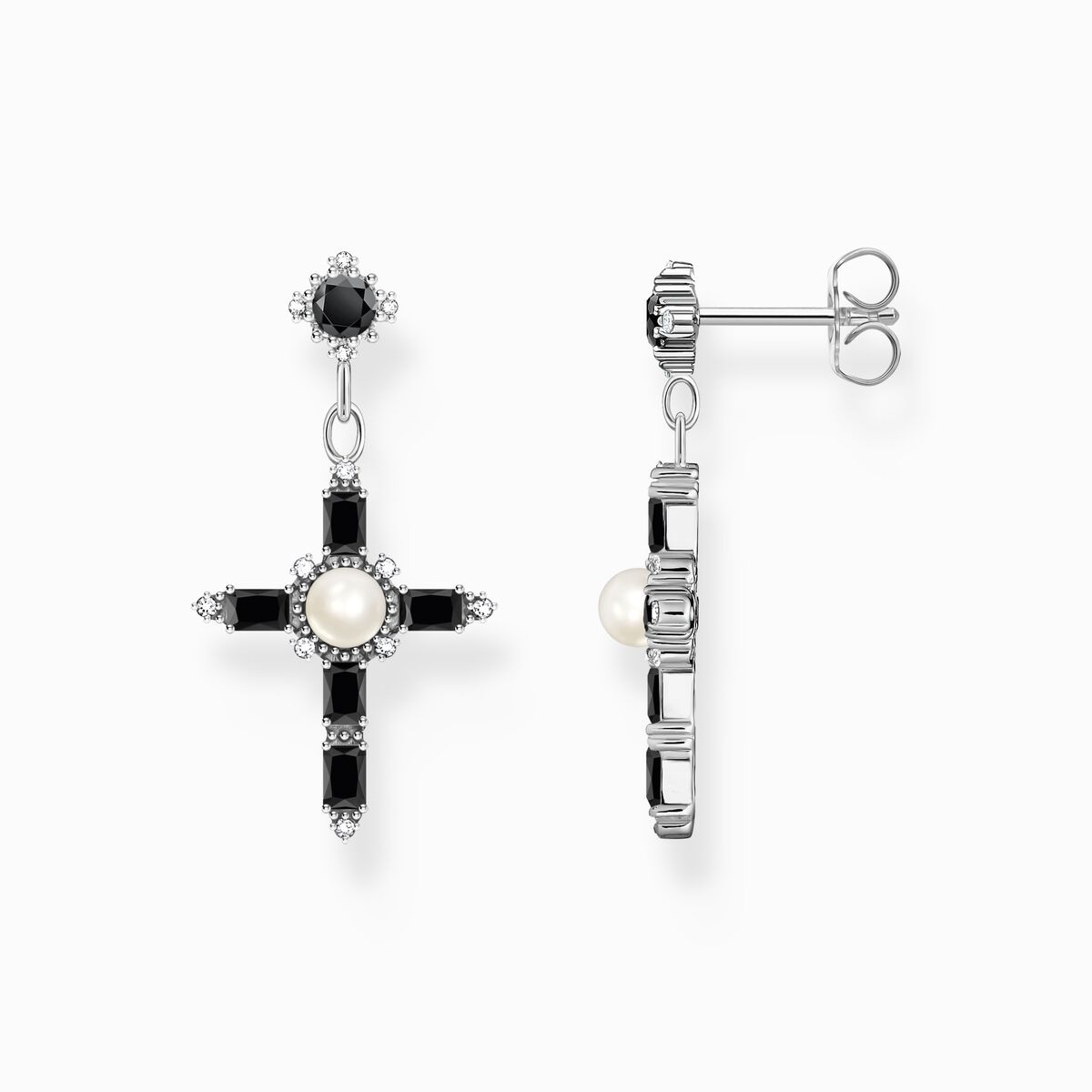 Silver earrings Cross Romance with black stones