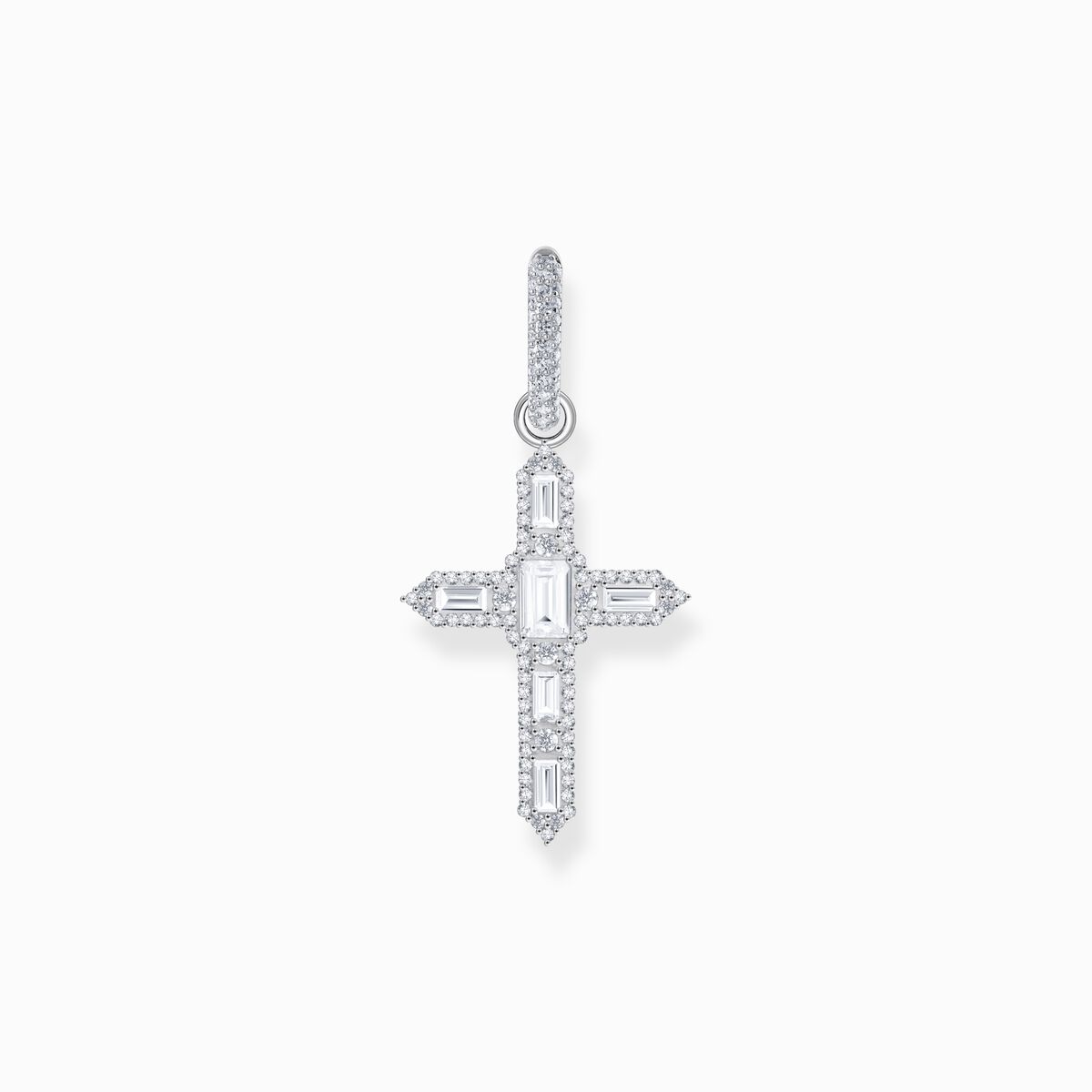 Silver cross single hoop earring with white zirconia