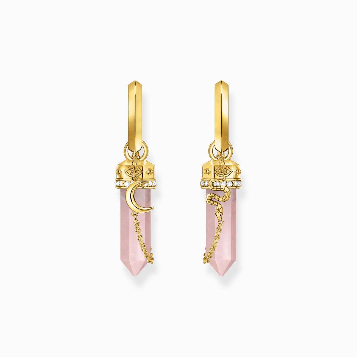 Gold-plated hexagonal hoop earring with rose quartz