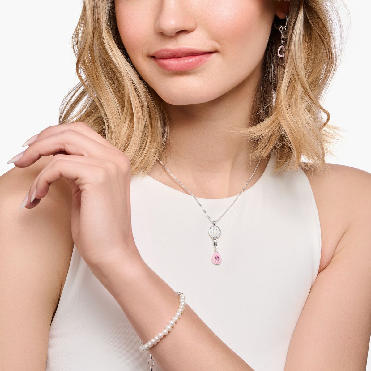 Charm pendant pink drop silver