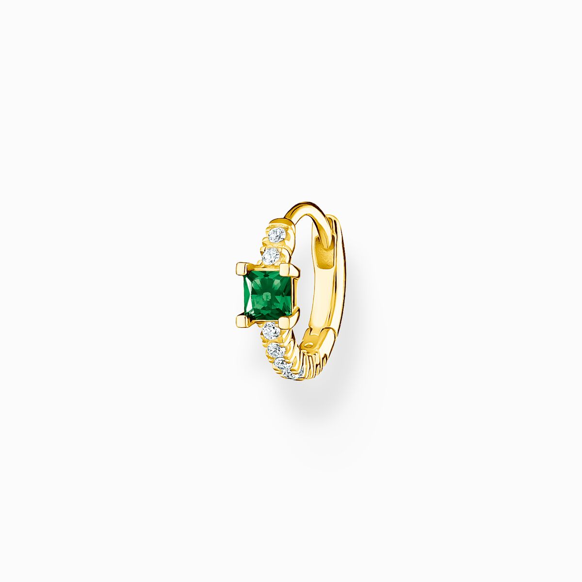 Single hoop earring with green and white stones gold plated