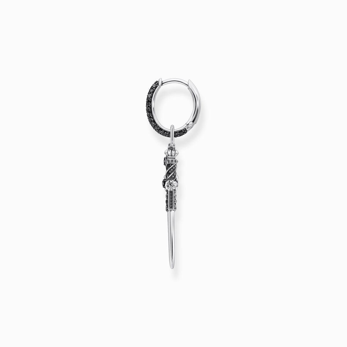 Silver blackened single hoop earring with sword & black stones