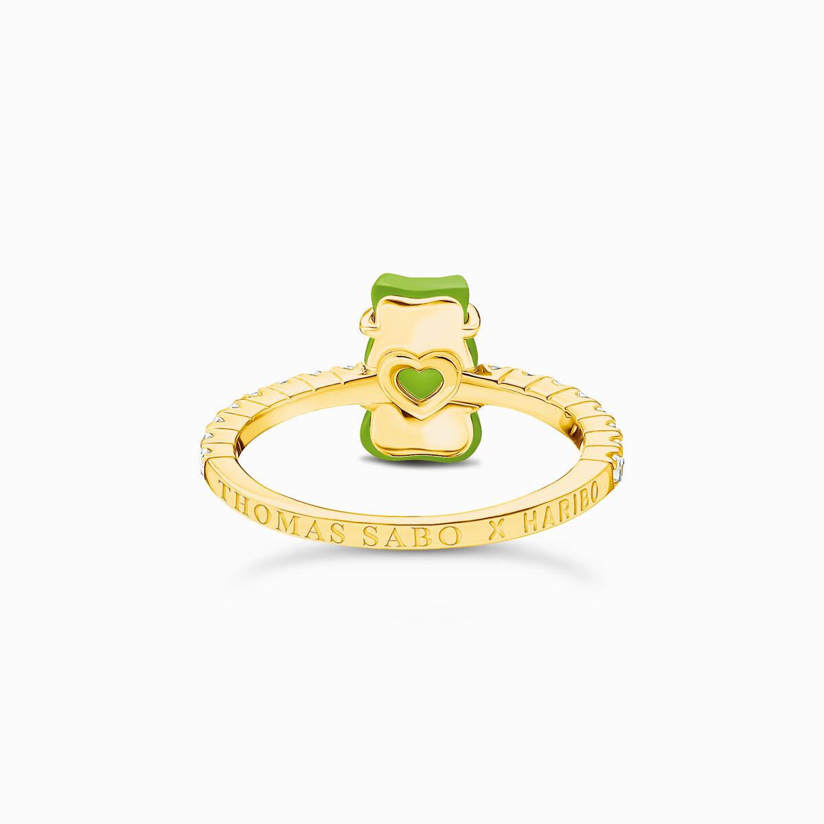 Gold-plated ring with green mini sized goldbears and zirconia