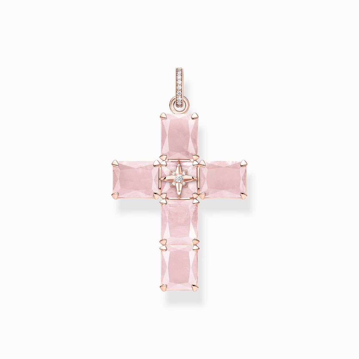 Pendant cross with large pink stones and star rose gold plated