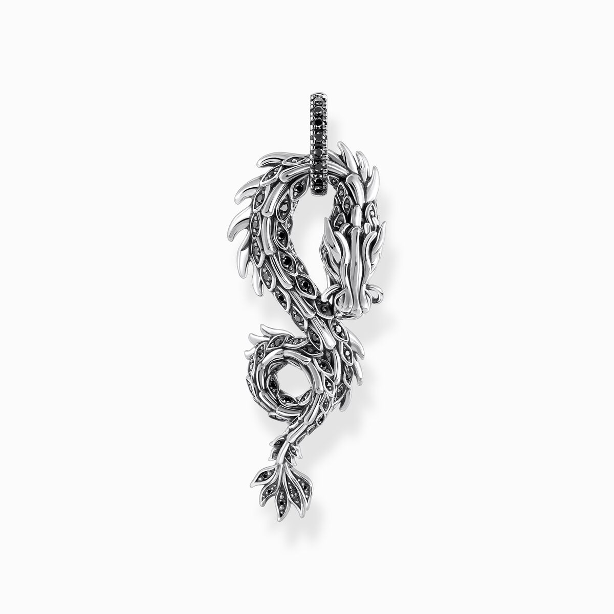 Silver blackened dragon pendant with black zirconia