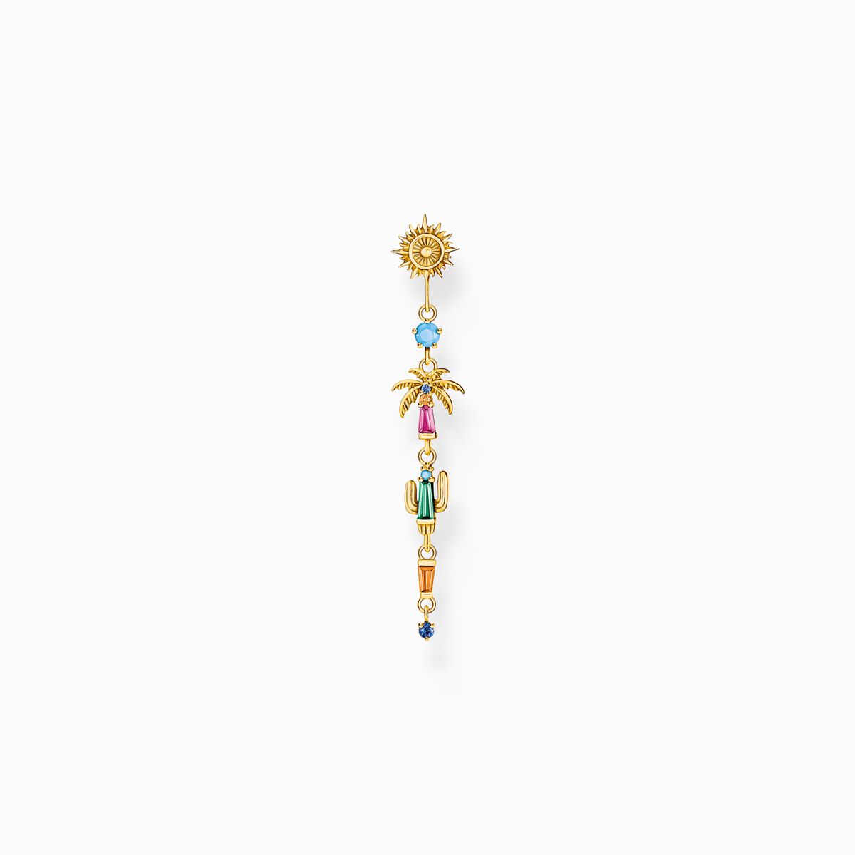 Gold-plated single earring with colourful sun, palm tree & cactus