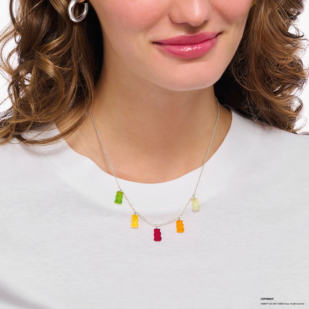 Silver necklace with 5 colourful goldbears