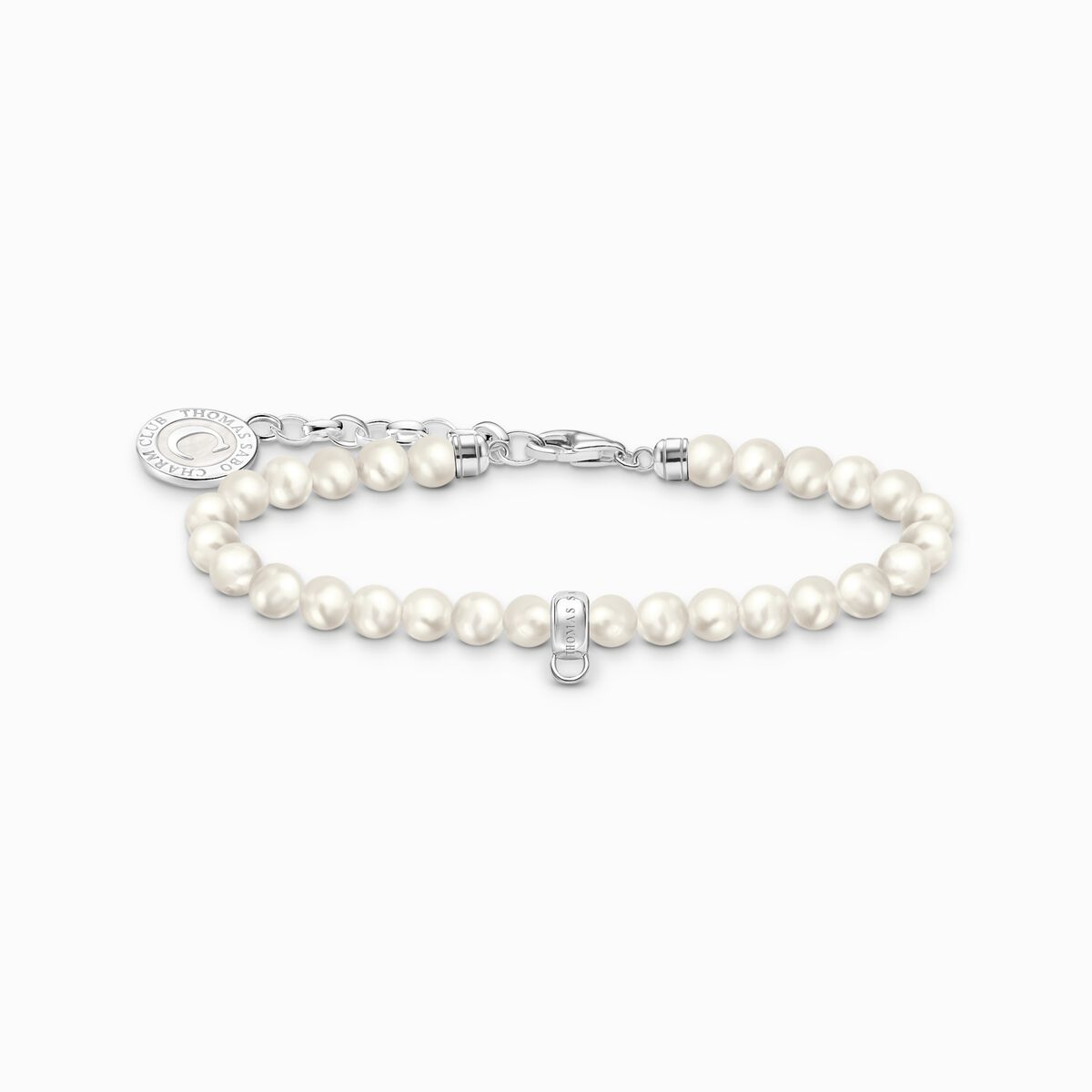 Silver charm bracelet with white freshwater pearls