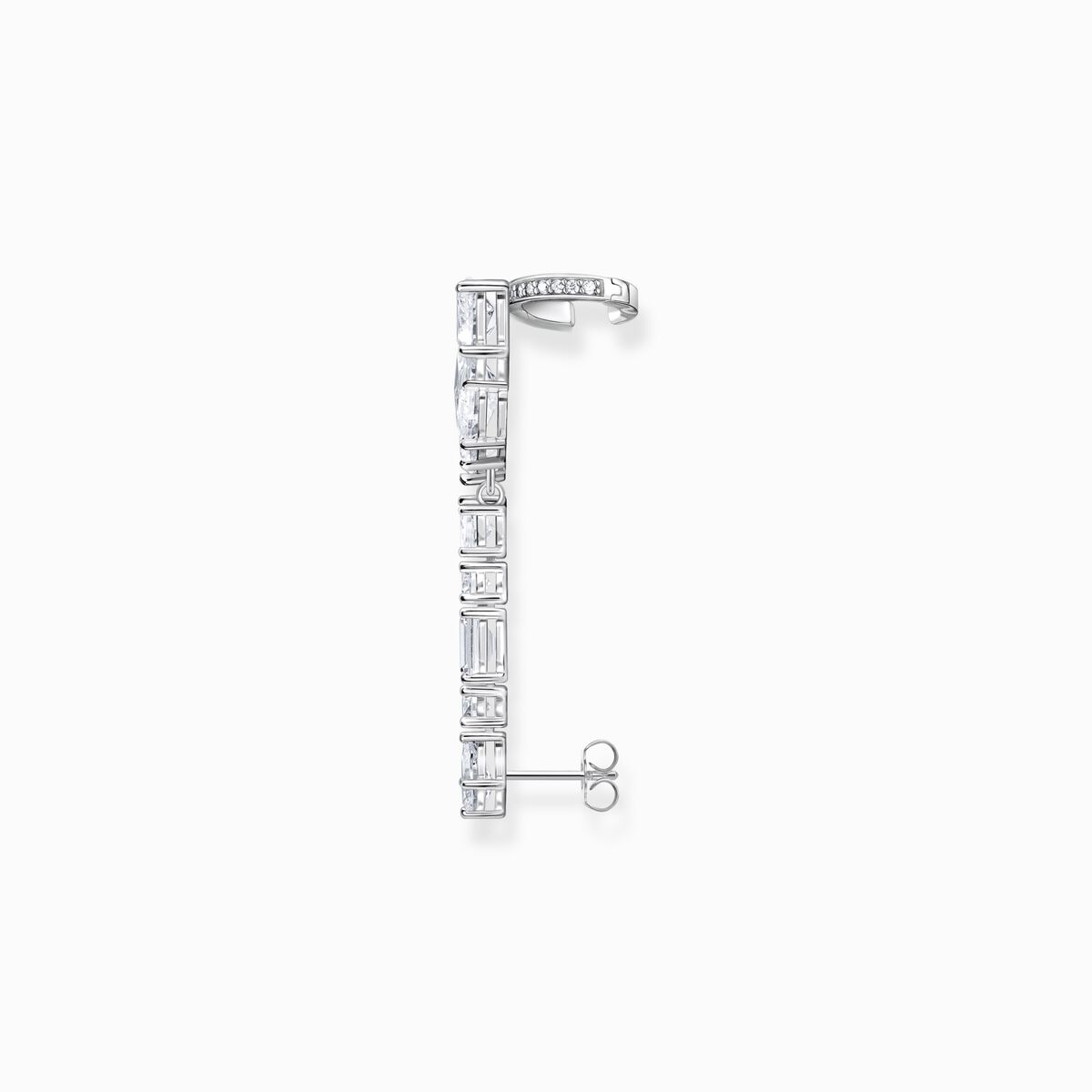 Silver single ear stud in ear climber style with white zirconia