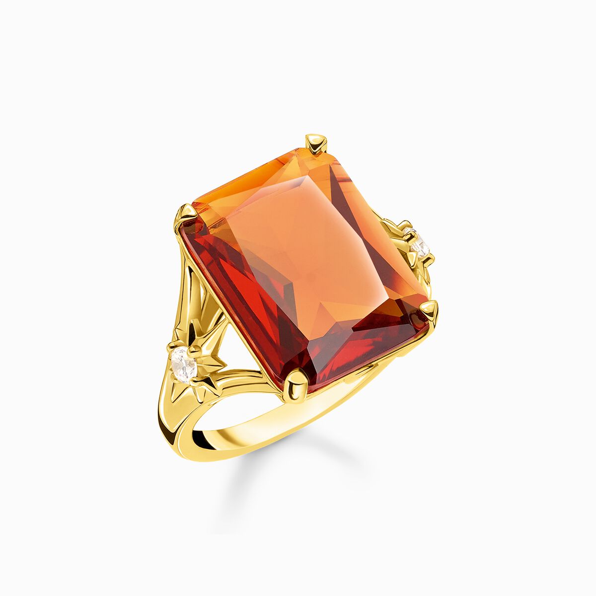 Ring with large orange stone and stars gold plated