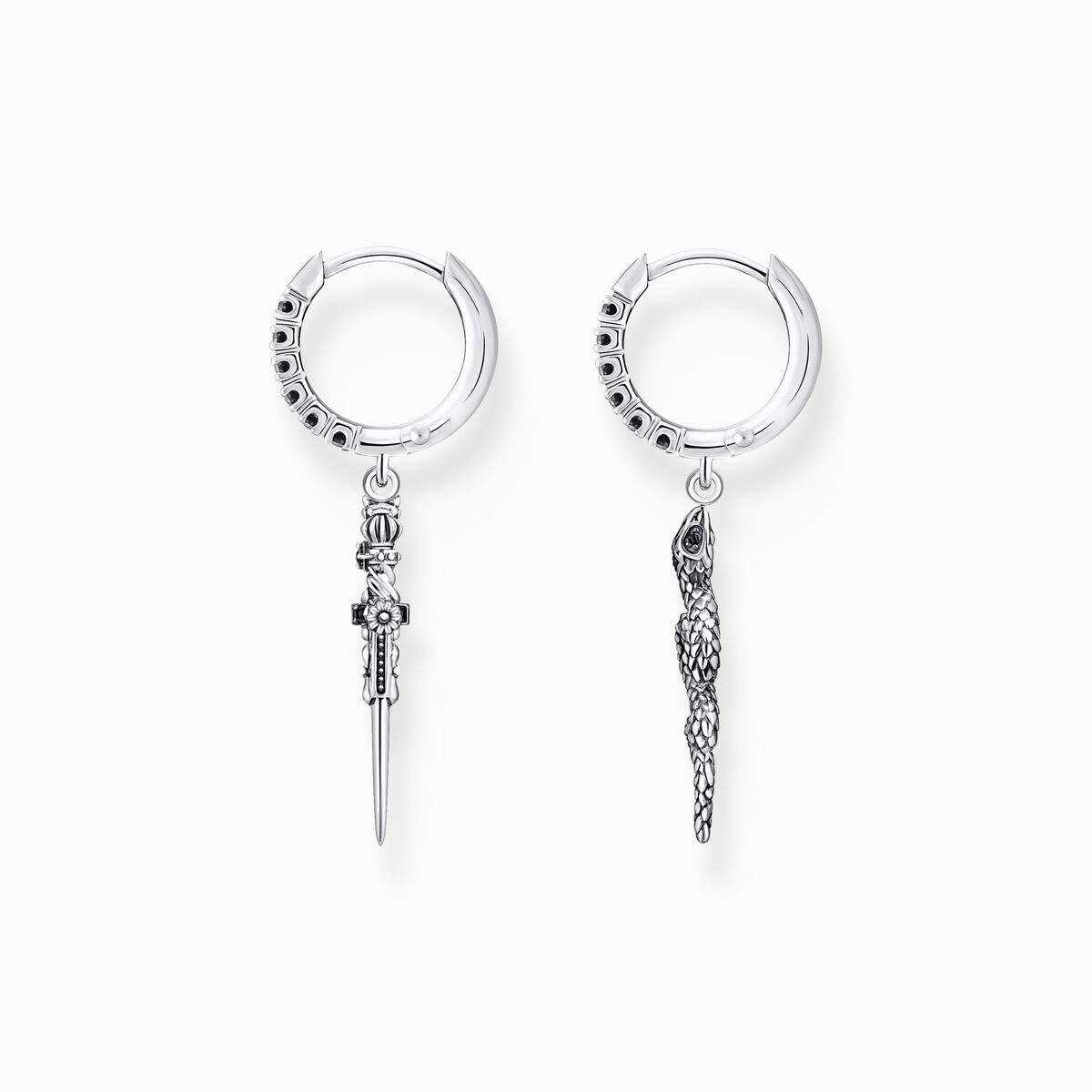 Hoop earrings blackened snake and sword