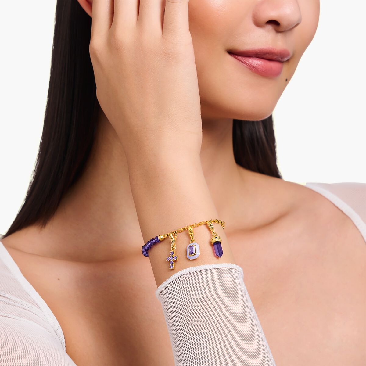 Charm bracelet with violet beads yellow-gold plated