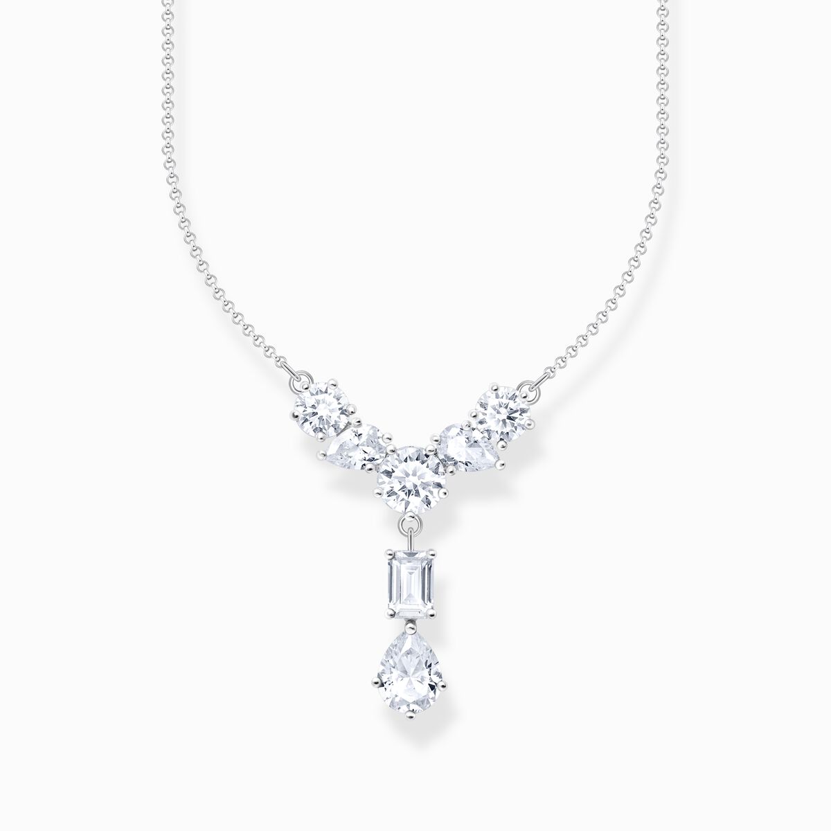 Silver necklace in Y-shape with seven white zirconia stones