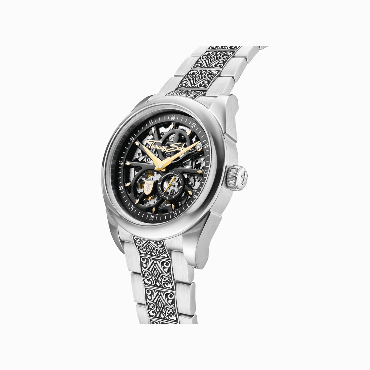 Silver automatic watch with 41 mm, black dial & acanthus pattern