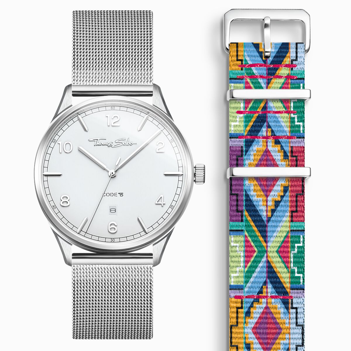 SET CODE TS white watch & coloured graphic pattern strap