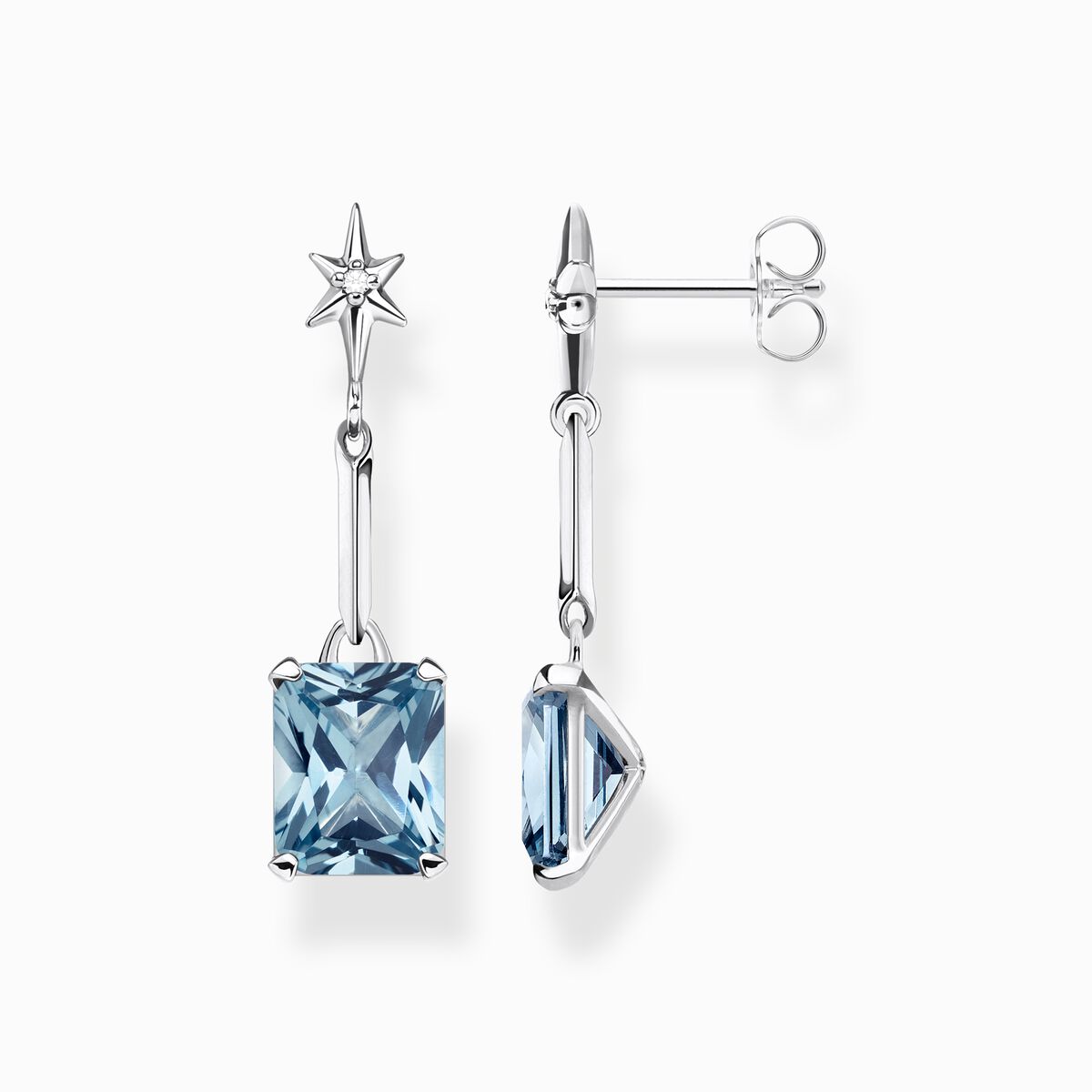 Earrings with aquamarine-coloured stone and star silver