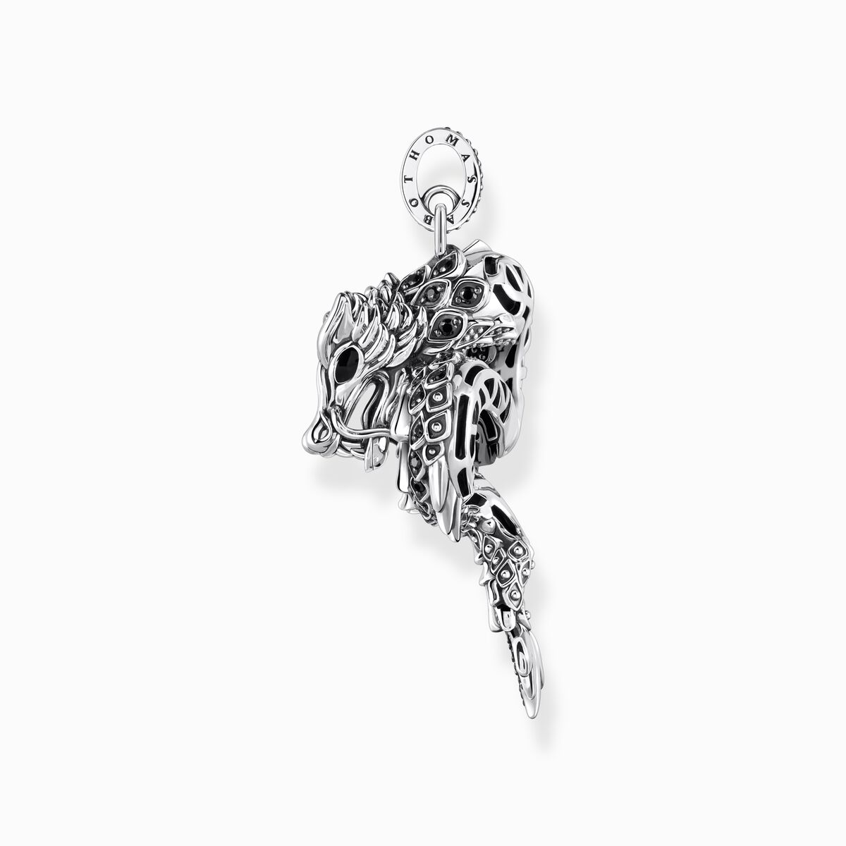 Silver blackened dragon pendant with black zirconia & cold enamel