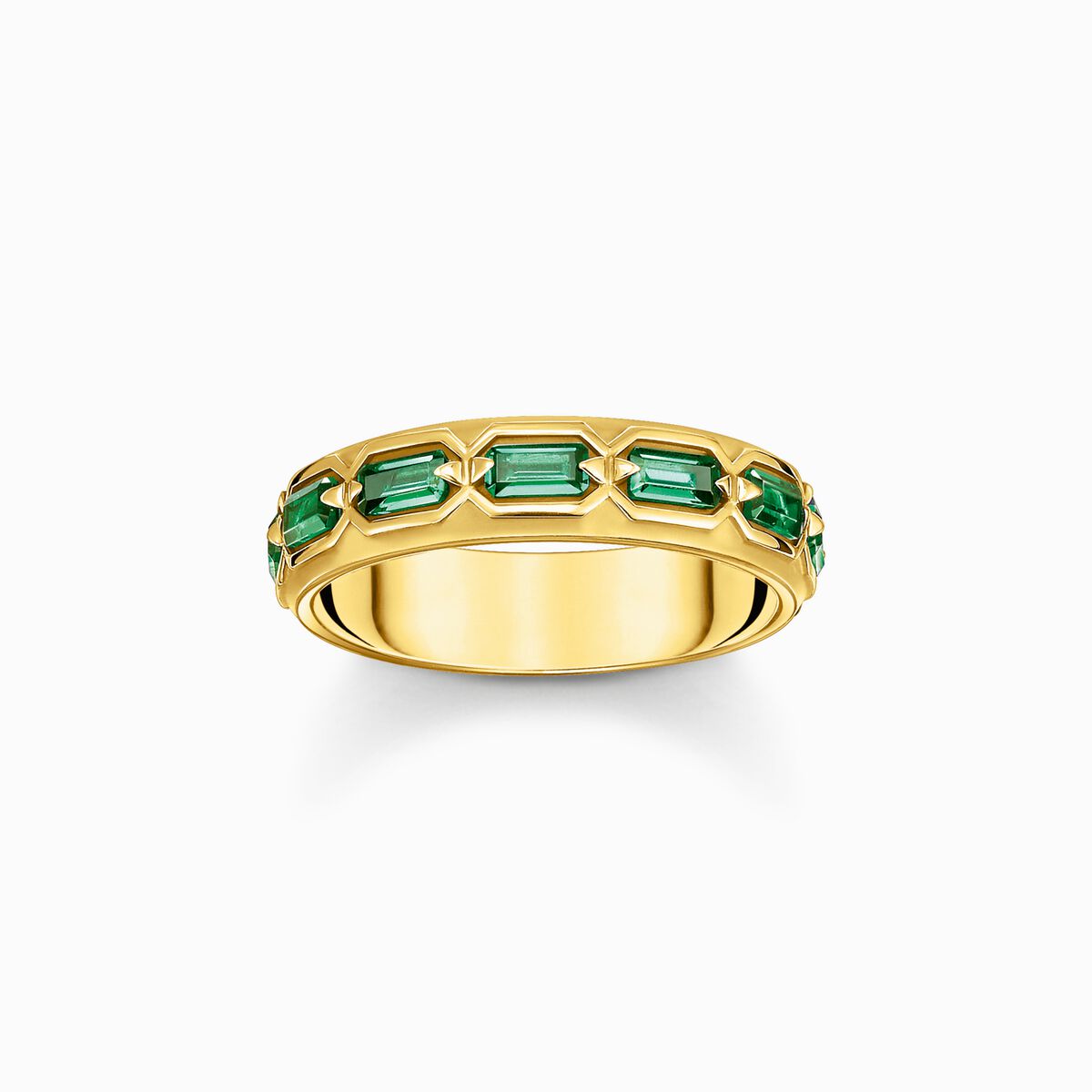 Gold plated ring in crocodile design with green stones