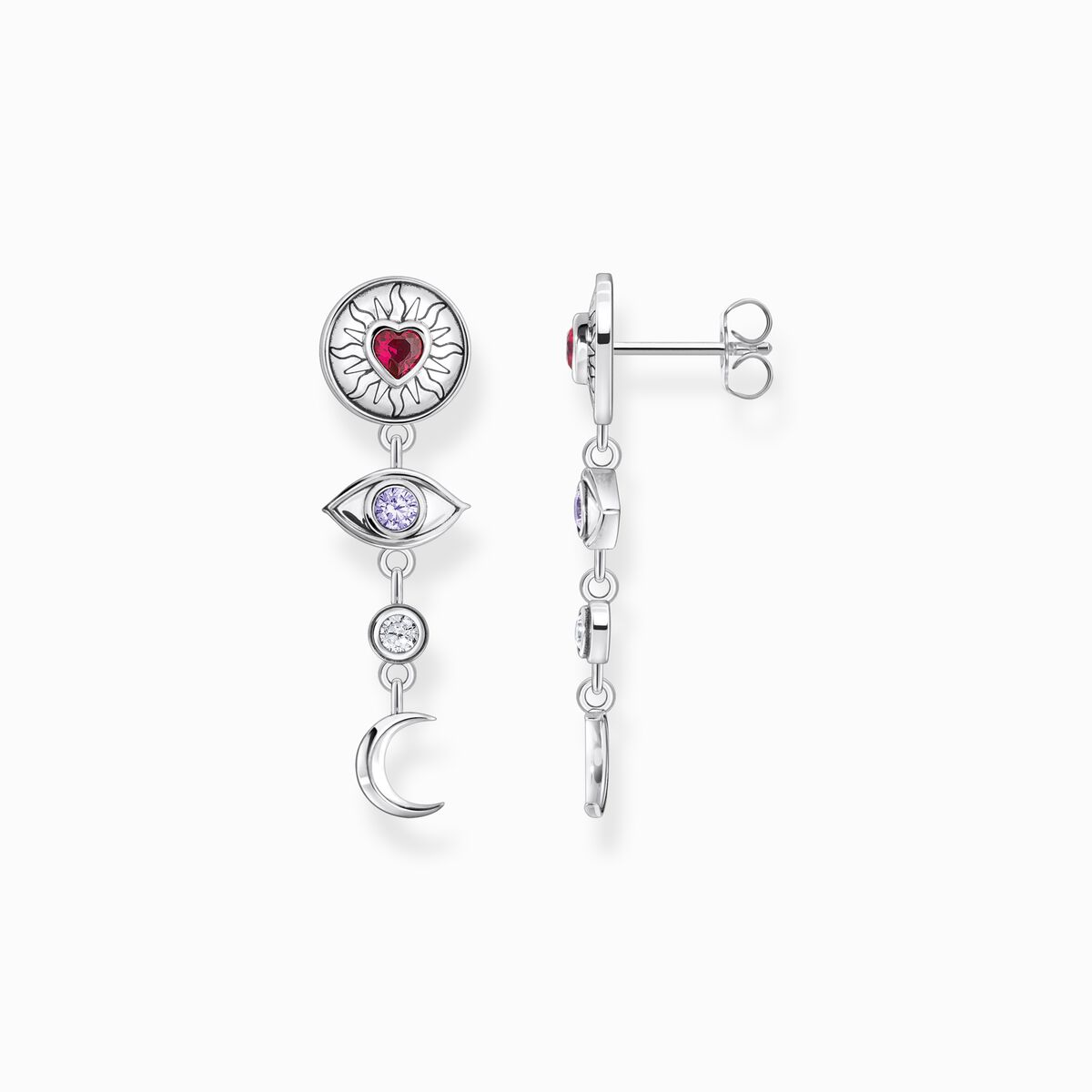 Silver earrings with different 3D symbols and colourful stones