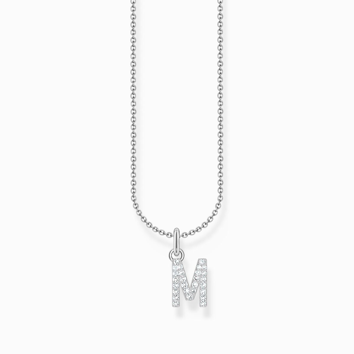 Silver necklace with letter pendant M and white zirconia