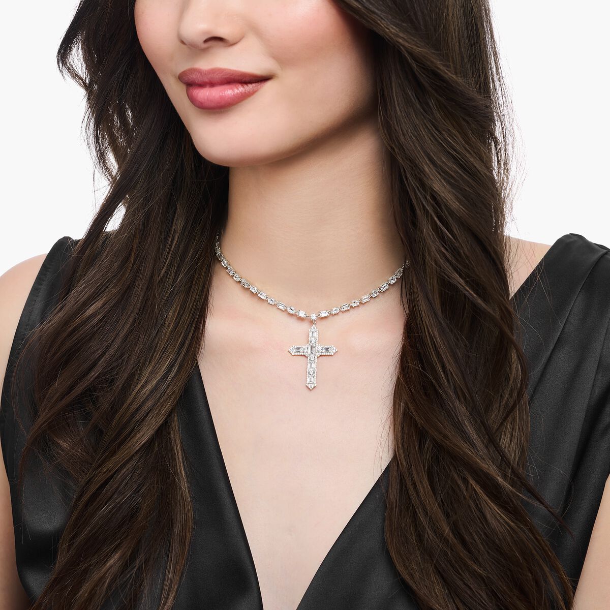 Silver necklace with cross pendant and white zirconia
