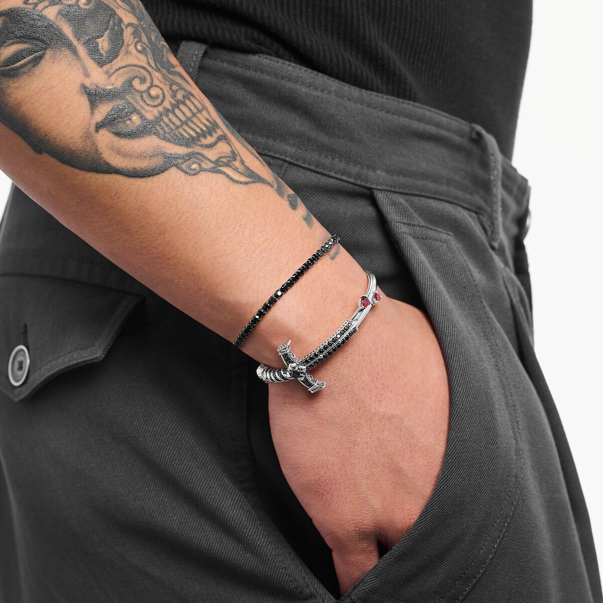 Silver blackened bangle with black and red stones