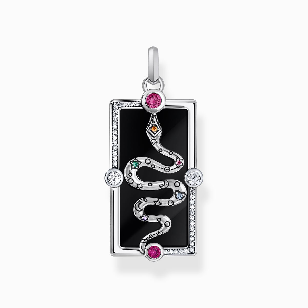 Silver pendant with a snake, black cold enamel and various stones
