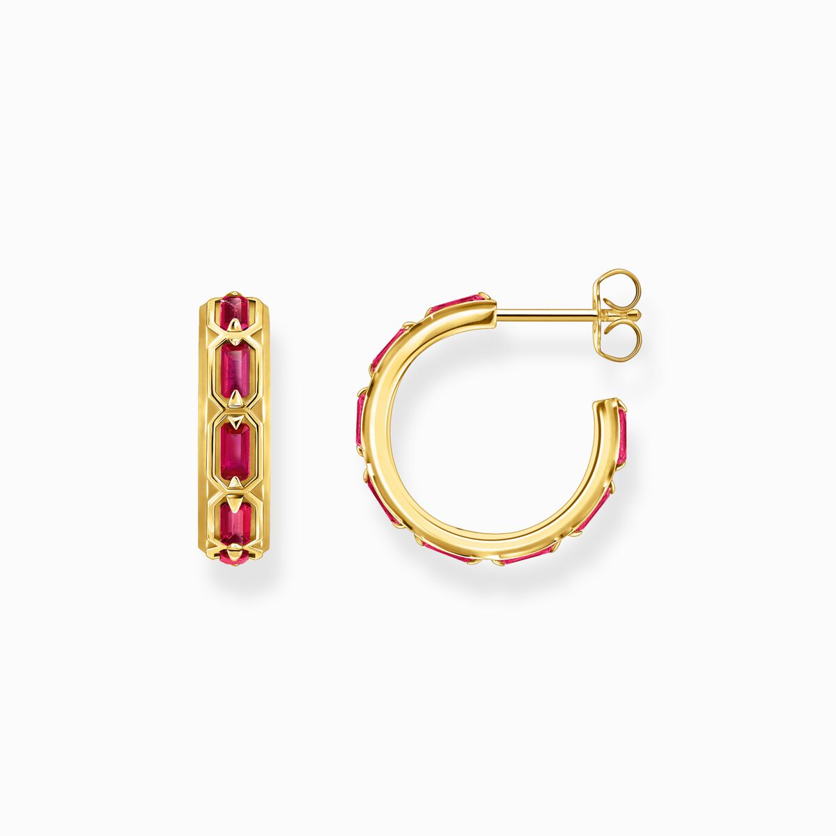 Yellow-gold plated hoop earrings with red stones