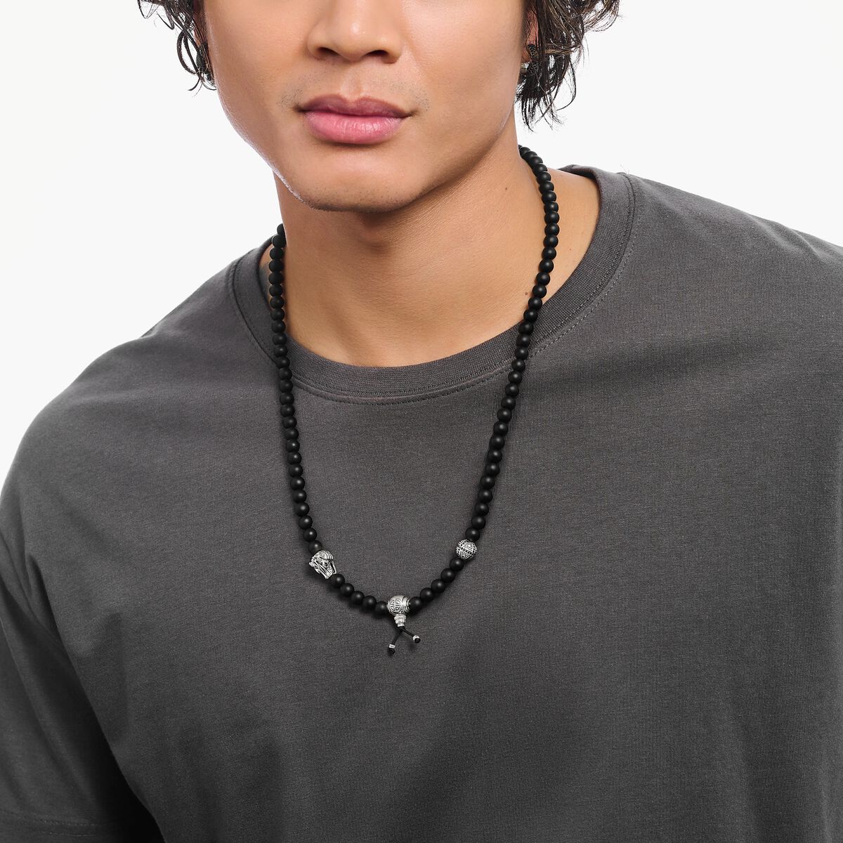 Silver blackened necklace with matte black obsidian beads